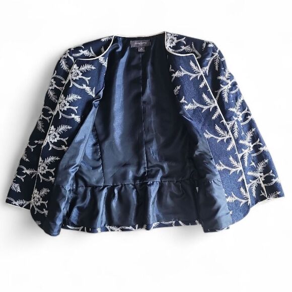 Liz Claiborne Linen Blend Jacket Sz 8 Navy Embroidered Floral Lightweight - Picture 3 of 14